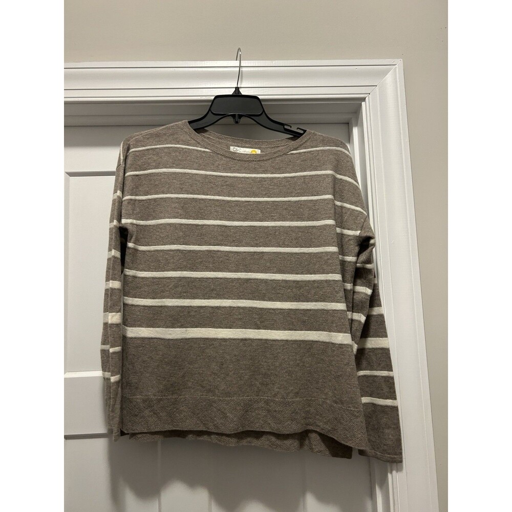 C&C California Brown and Cream Striped Sweater Size Medium Merino Wool Minimal
